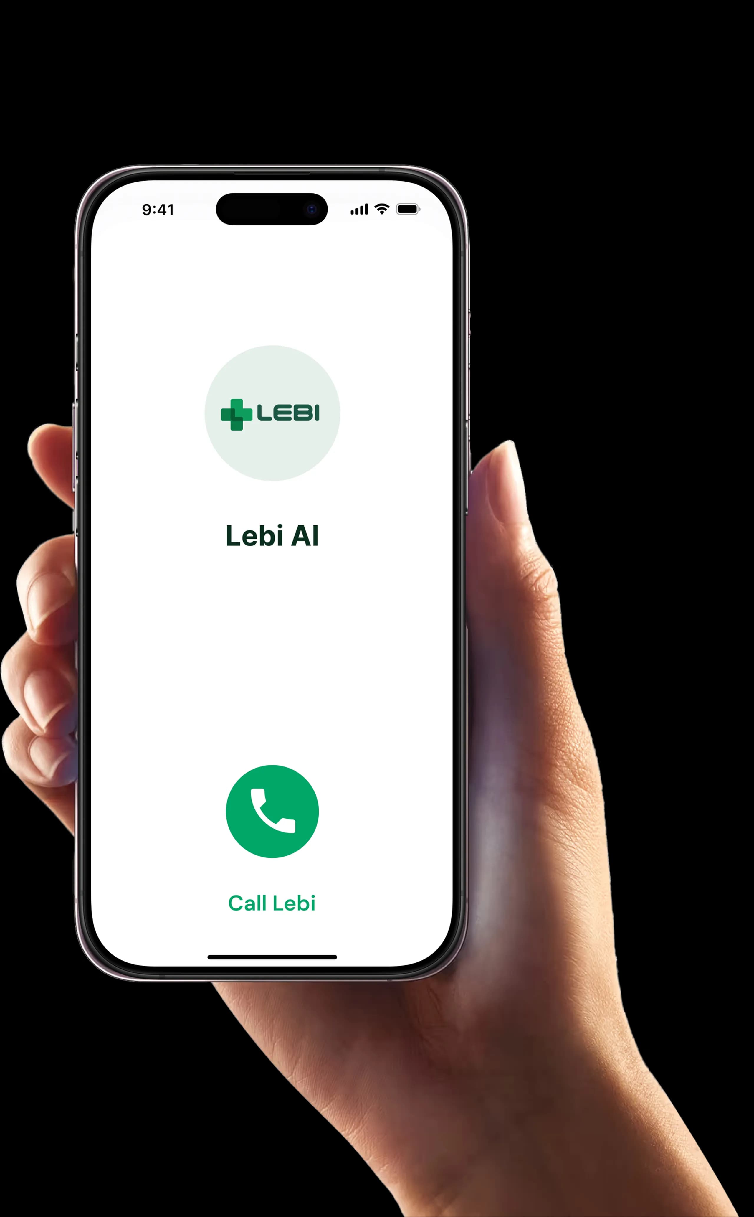 A hand holding a phone in a call with Lebi