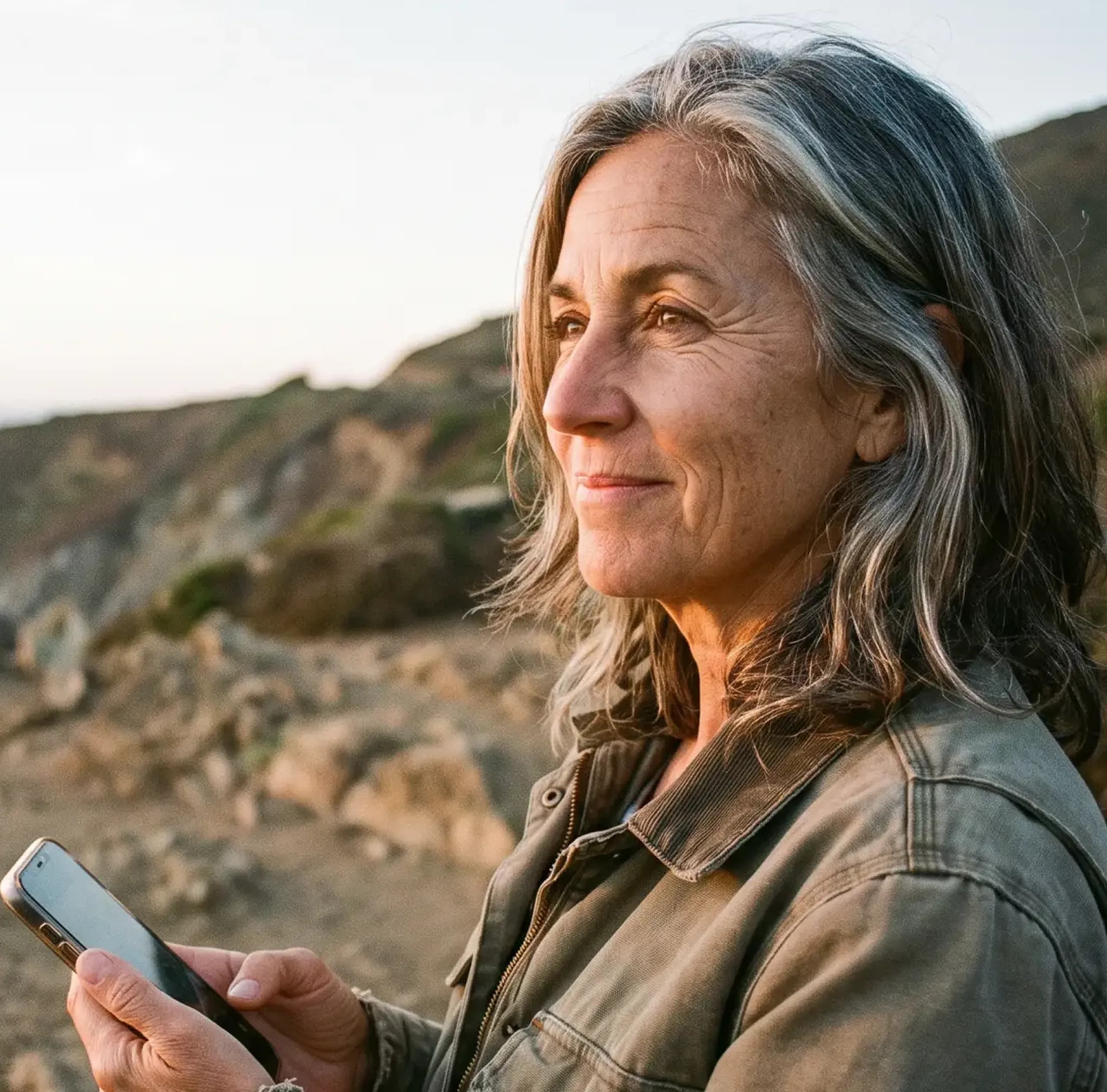 A patient checking her phone outdoors