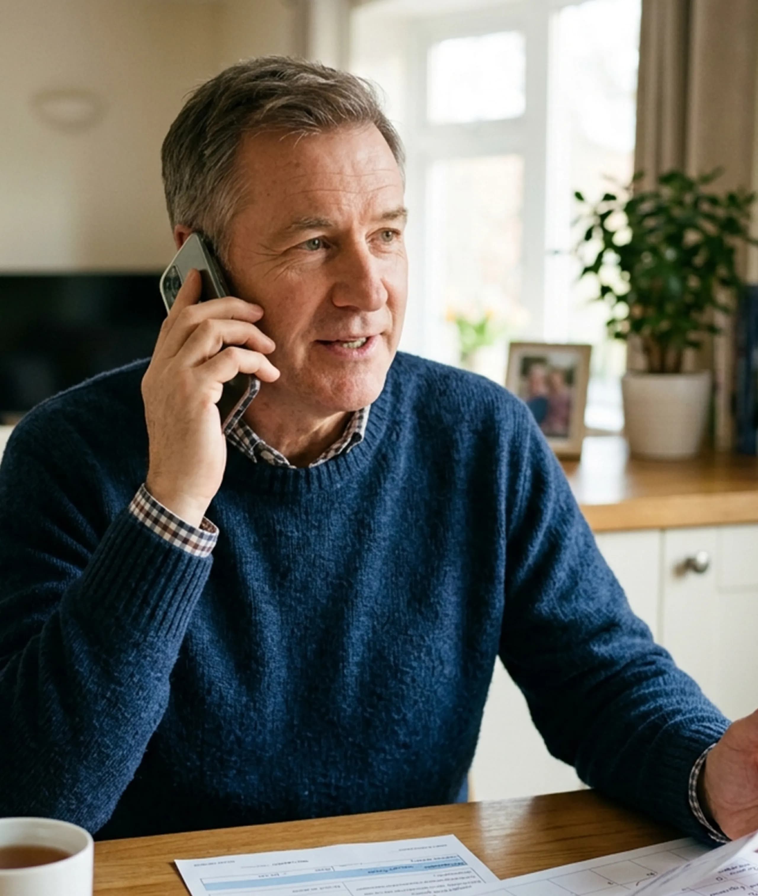 A patient on the phone at his kitchen table
