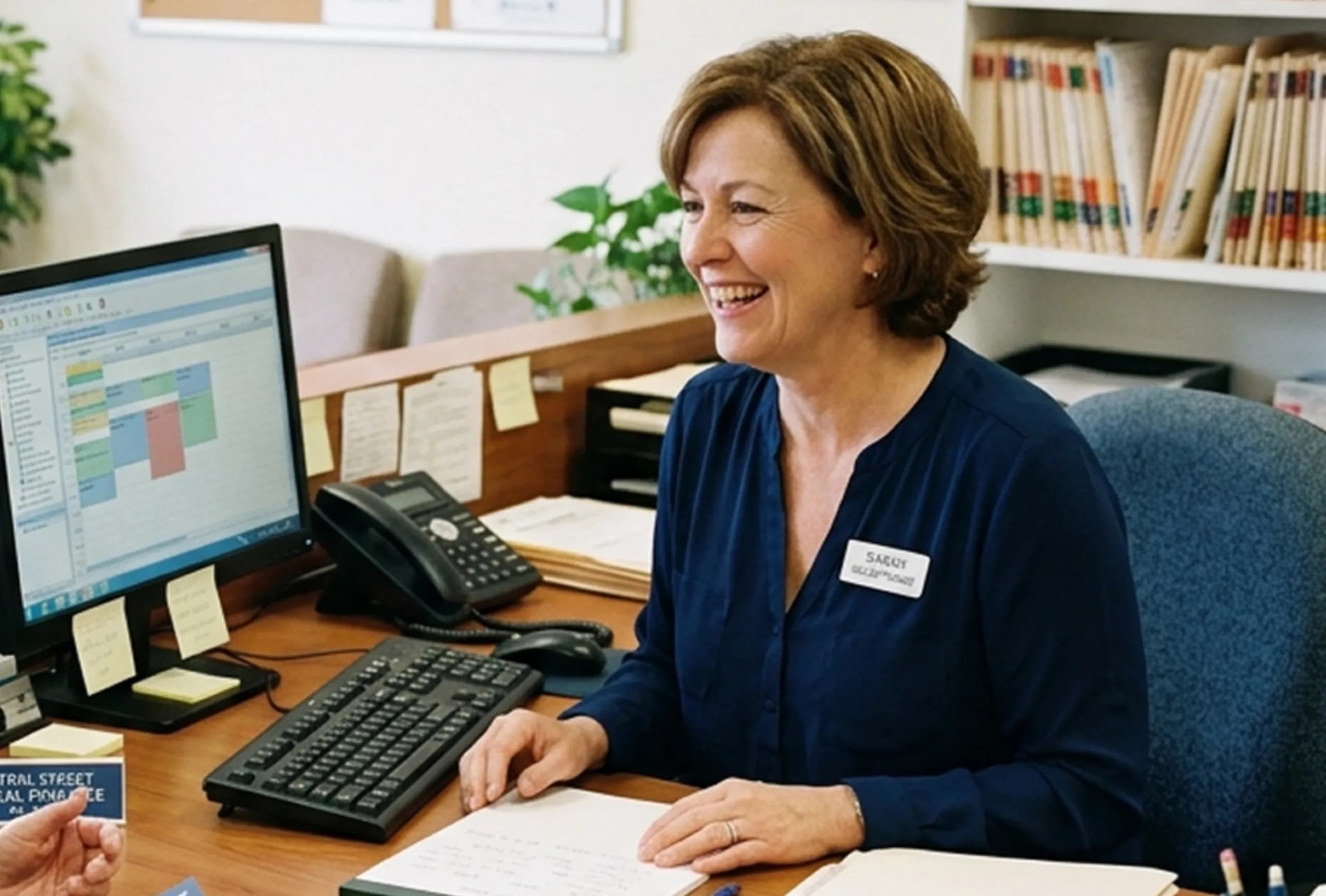A receptionist at a general practice front desk