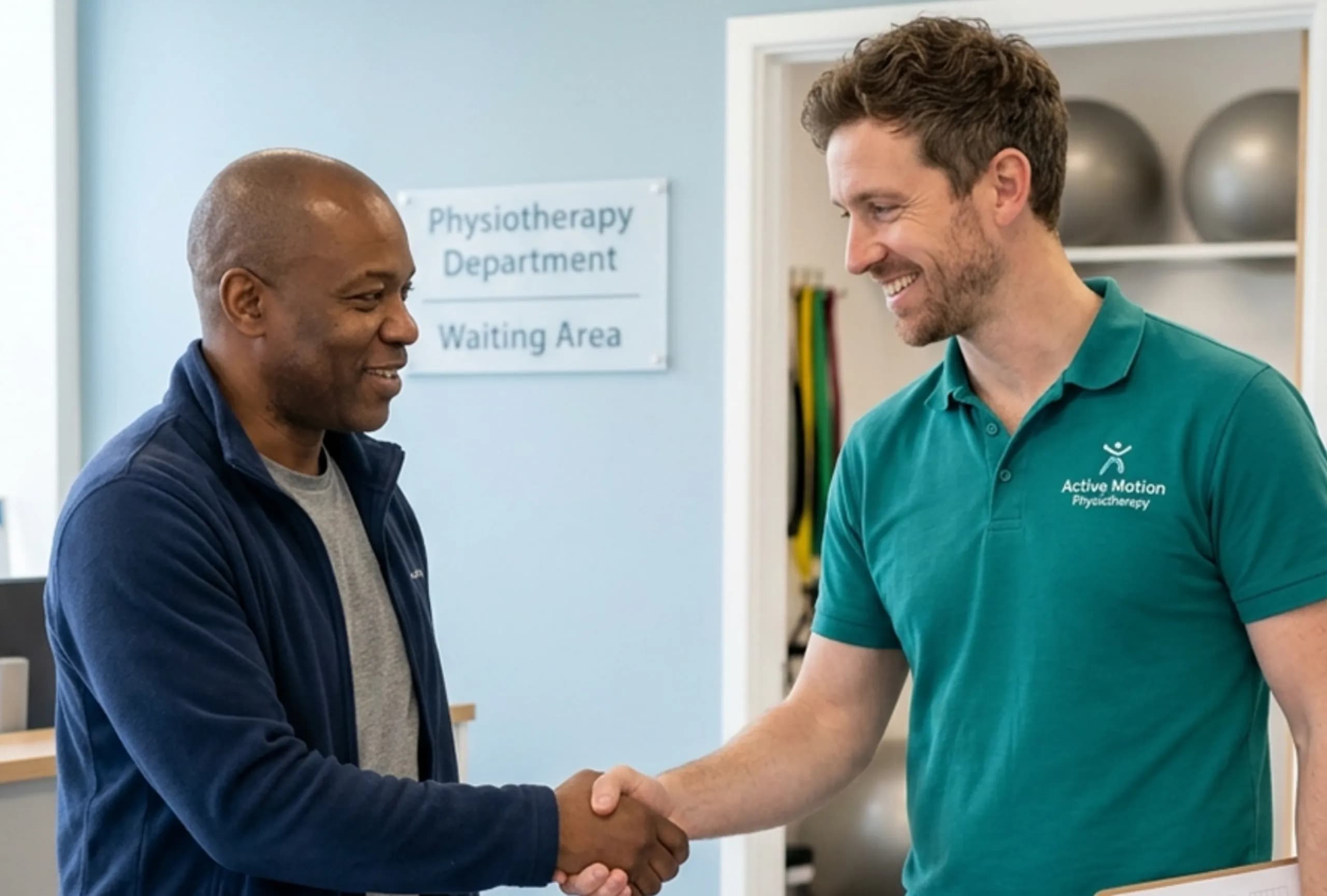 A physiotherapist greeting a patient